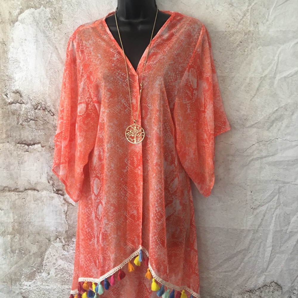 Judith March sheer Orange Colorful Serape Tassel Kimono small